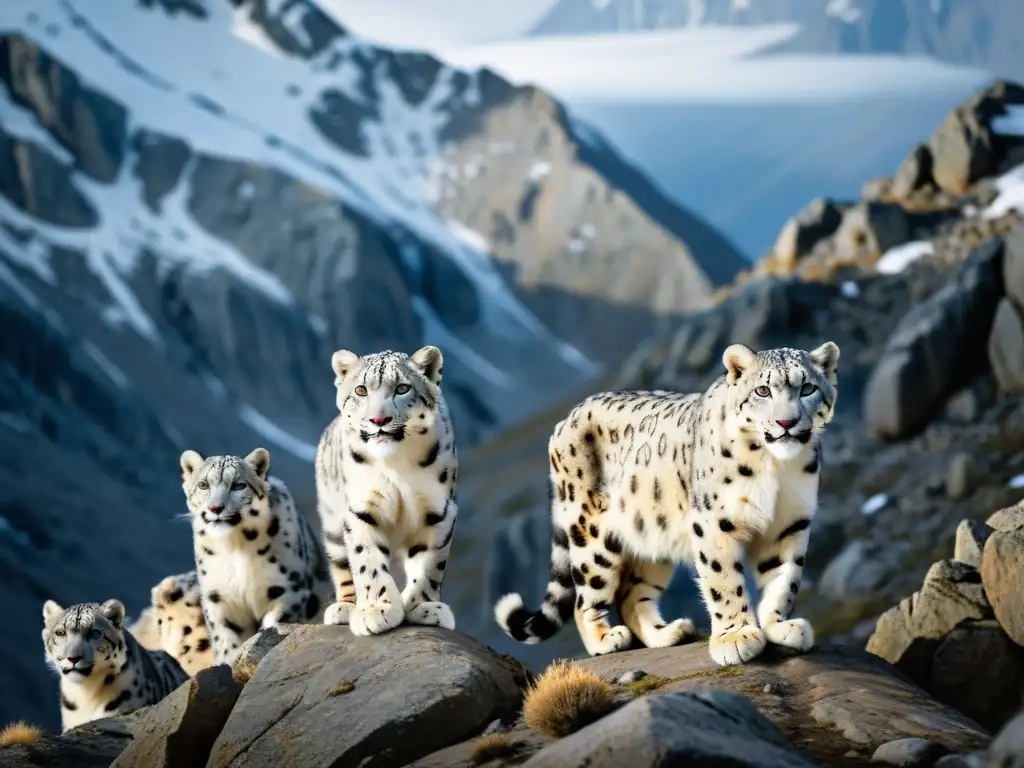 Espectacular imagen de leopardos de las nieves adaptándose en terreno montañoso, resaltando su adaptabilidad a baja presión atmosférica