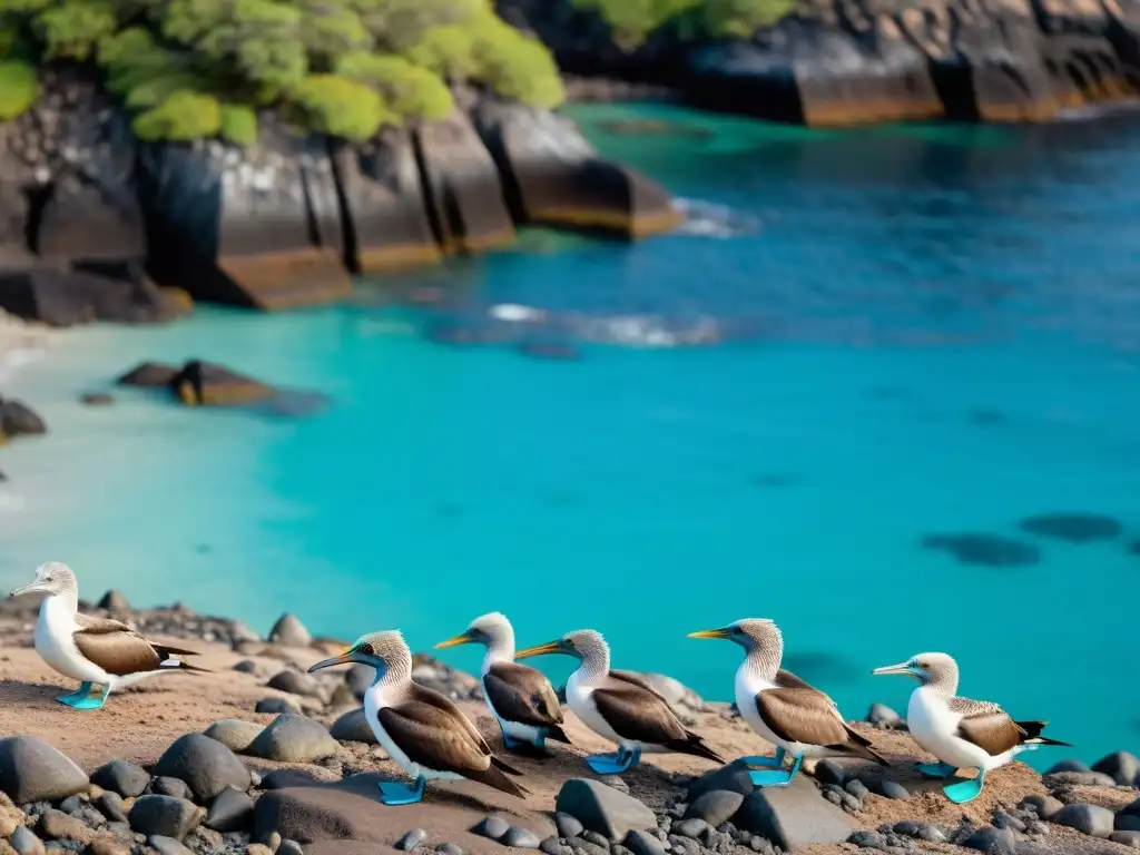 Espectacular imagen en 8K de alcatraces de patas azules volando sobre la costa rocosa de una isla deshabitada en Galápagos