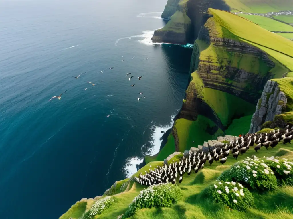 Espectacular imagen de vida silvestre en Islas Feroe: aves marinas surcando acantilados dramáticos y exuberante vegetación