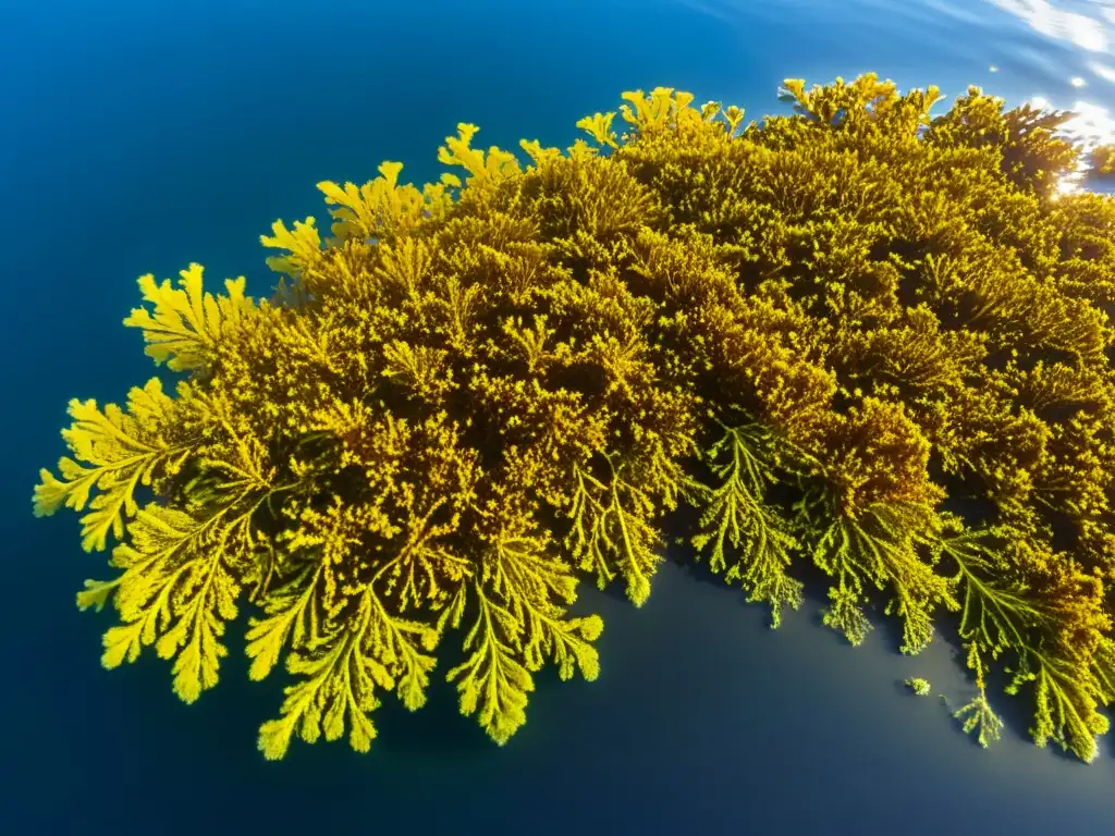 Un espectacular mar de Sargazo, ecosistema flotante, con detalles dorados y vida marina entre las algas