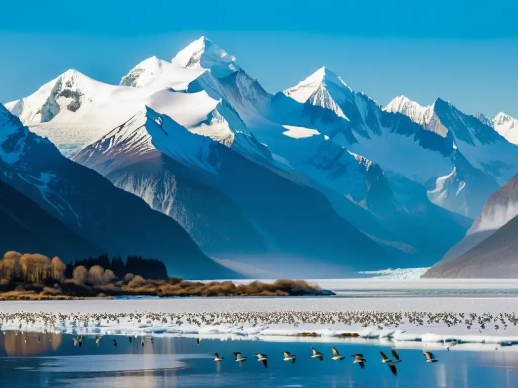 Espectacular migración de aves sobre polos helados, con detallados plumajes y paisajes impresionantes