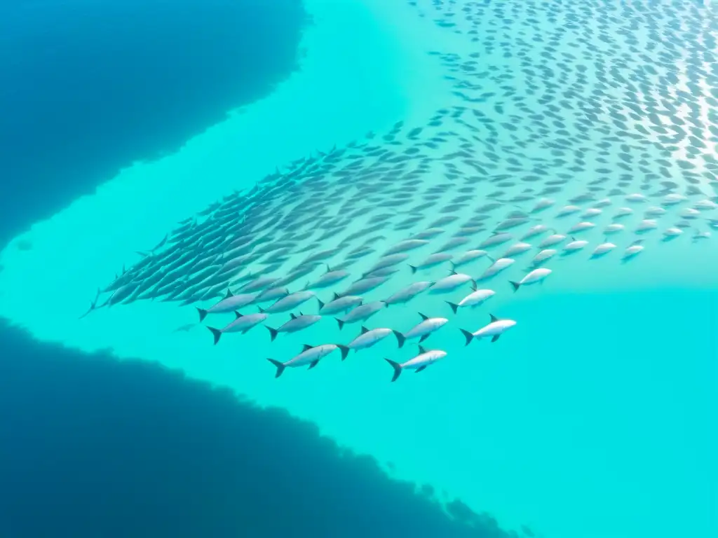 Espectacular migración de peces plateados en aguas turquesas, rodeados de vida marina