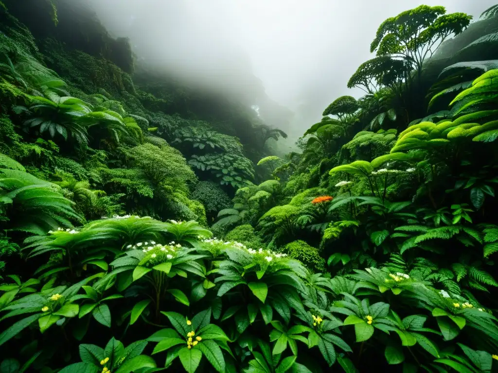 Espectacular bosque nublado con vibrante vegetación y detalles de flores y hojas, adaptándose a los patrones meteorológicos en bosques nublados