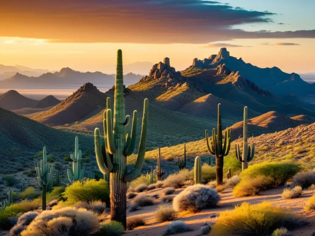 Espectacular paisaje desértico en Sonora, México, con cactus saguaro, montañas y un atardecer radiante, revelando la naturaleza del desierto mexicano