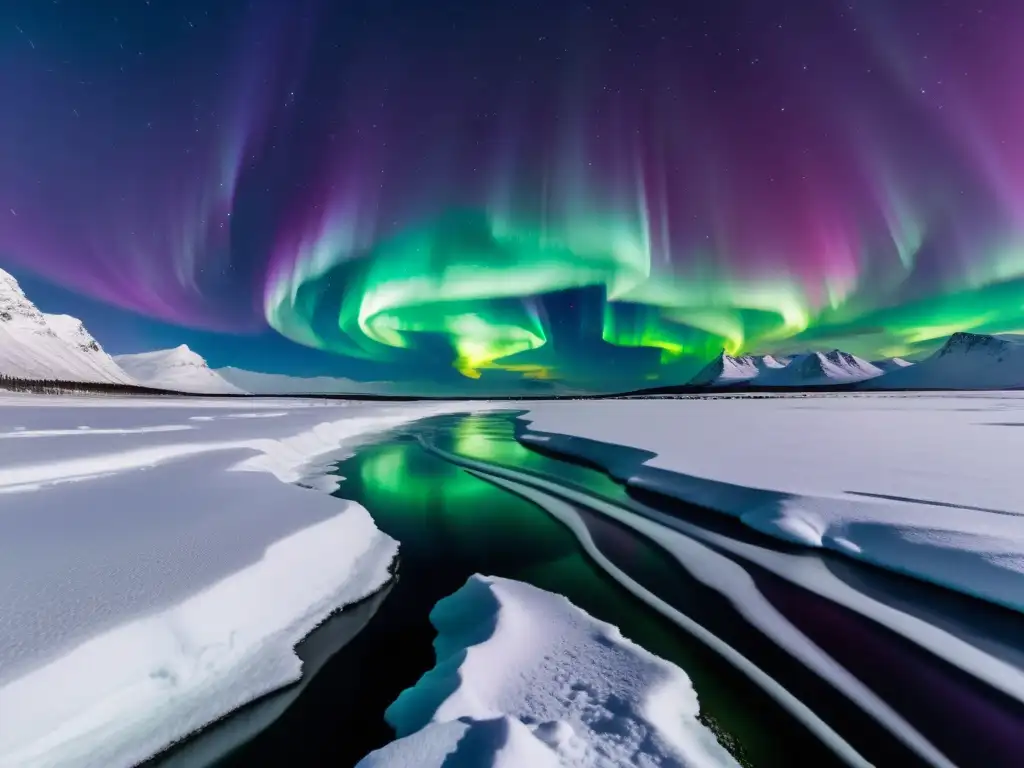 Espectacular aurora boreal sobre paisaje polar nevado