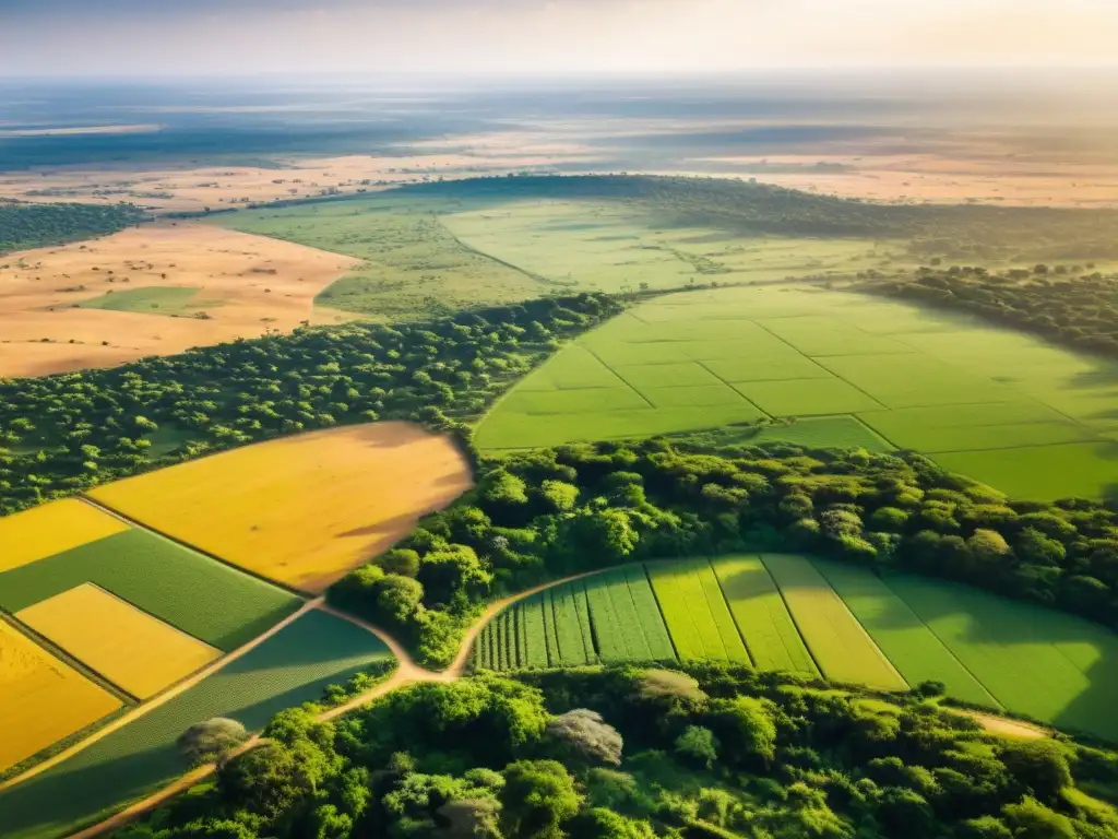 Savanna dorada: la impactante huella humana en la naturaleza Espectacular paisaje de sabana con impacto de agricultura y urbanización, bañado por la luz dorada del sol