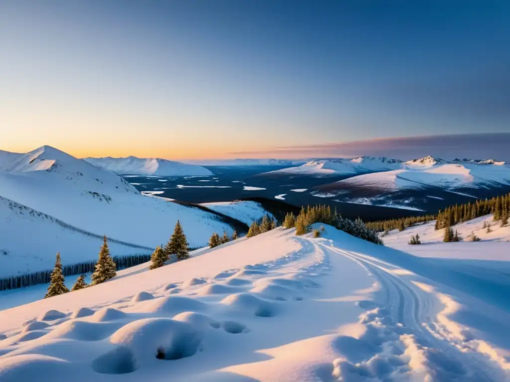 Espectacular paisaje de tundra nevada con suaves colinas y árboles, bañado por la cálida luz del atardecer, una inspiración en la tundra