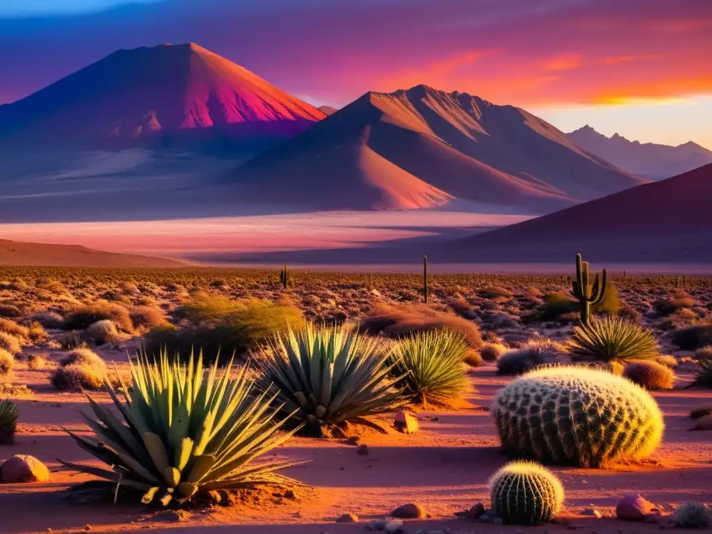 Espectacular puesta de sol sobre el vasto Desierto de Atacama, con colores vibrantes y siluetas de cactus