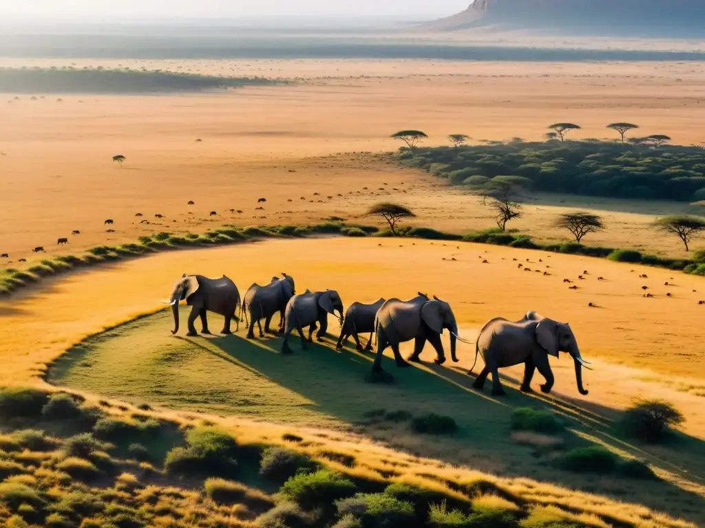 Espectacular sabana africana con elefantes, árboles y luz dorada