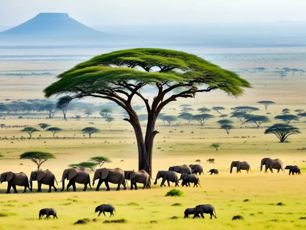 Un espectacular safari ecológico en el Serengeti, con elefantes, leones y jirafas en la sabana africana al atardecer