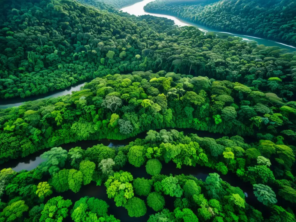 Espectacular selva con ríos voladores, luz dorada entre follaje verde y vida vibrante