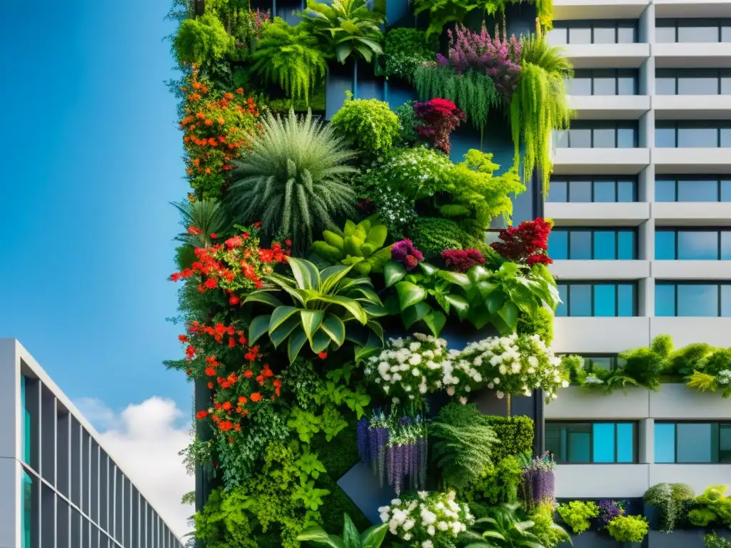 Espectacular jardín vertical con exuberante vegetación y plantas trepadoras para espacios verdes, creando armonía en entorno urbano