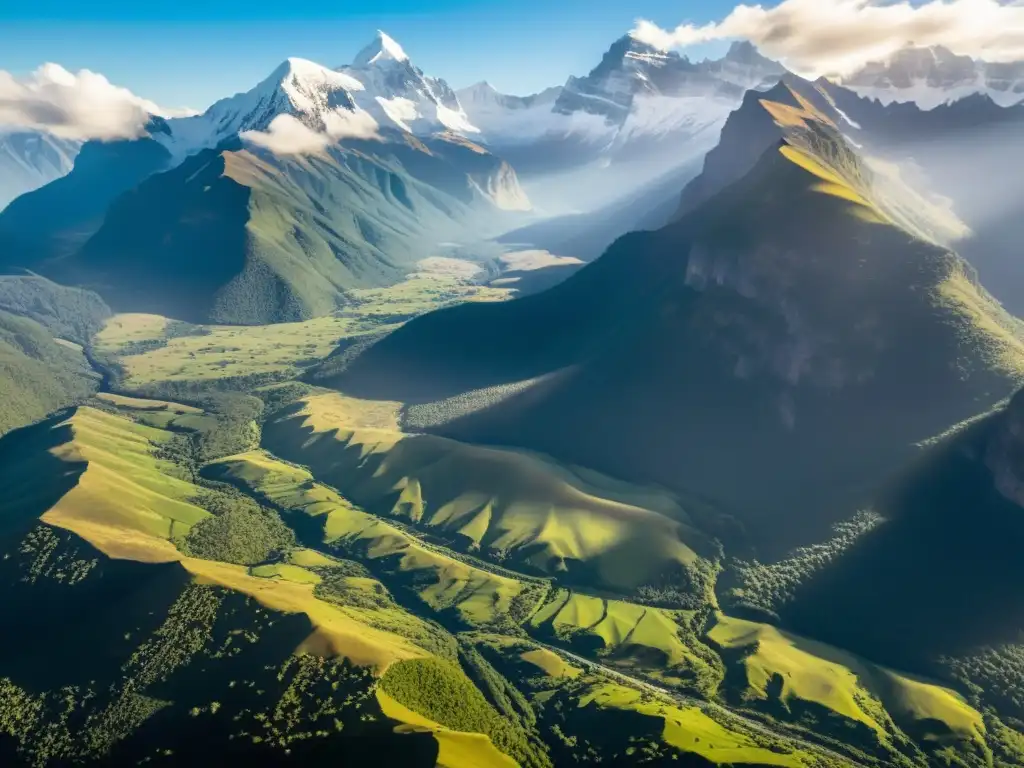 Espectacular vista aérea de una majestuosa cordillera nevada, con elefantes salvajes deambulando en un valle