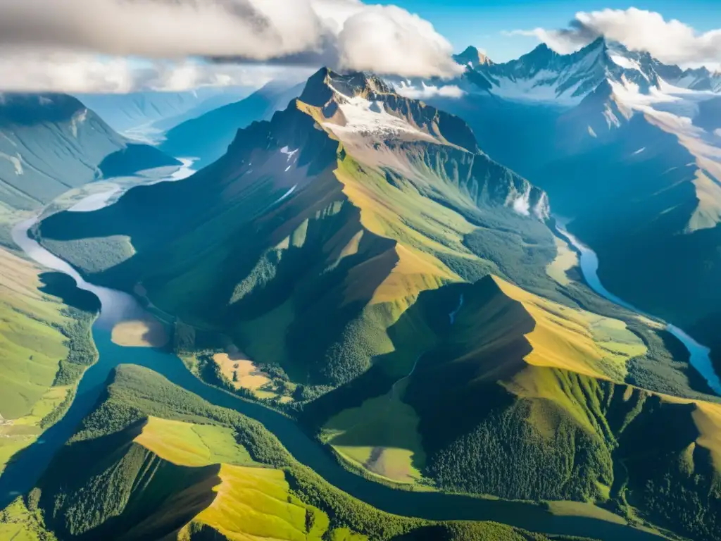 Espectacular vista aérea de la majestuosa cordillera, con picos nevados sobre un valle exuberante