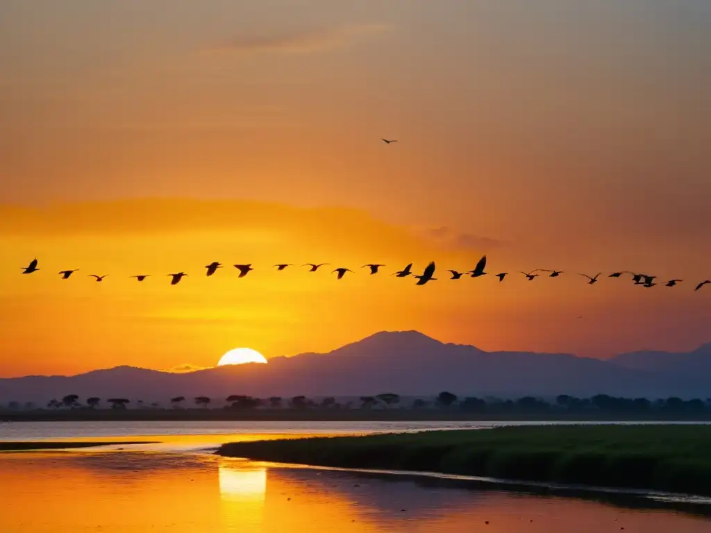 Un espectáculo impresionante de aves migratorias surcando el cielo al atardecer, destacando la conservación de especies migratorias sin fronteras