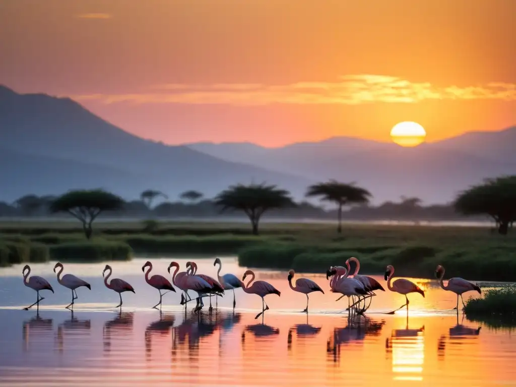 Un espectáculo impresionante de flamencos en vuelo sobre un humedal al amanecer