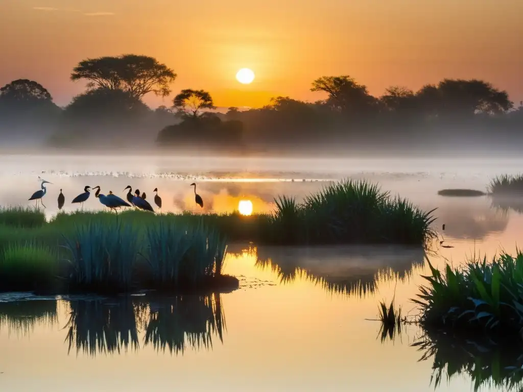 Espejo de agua en humedal al amanecer con diversidad de aves