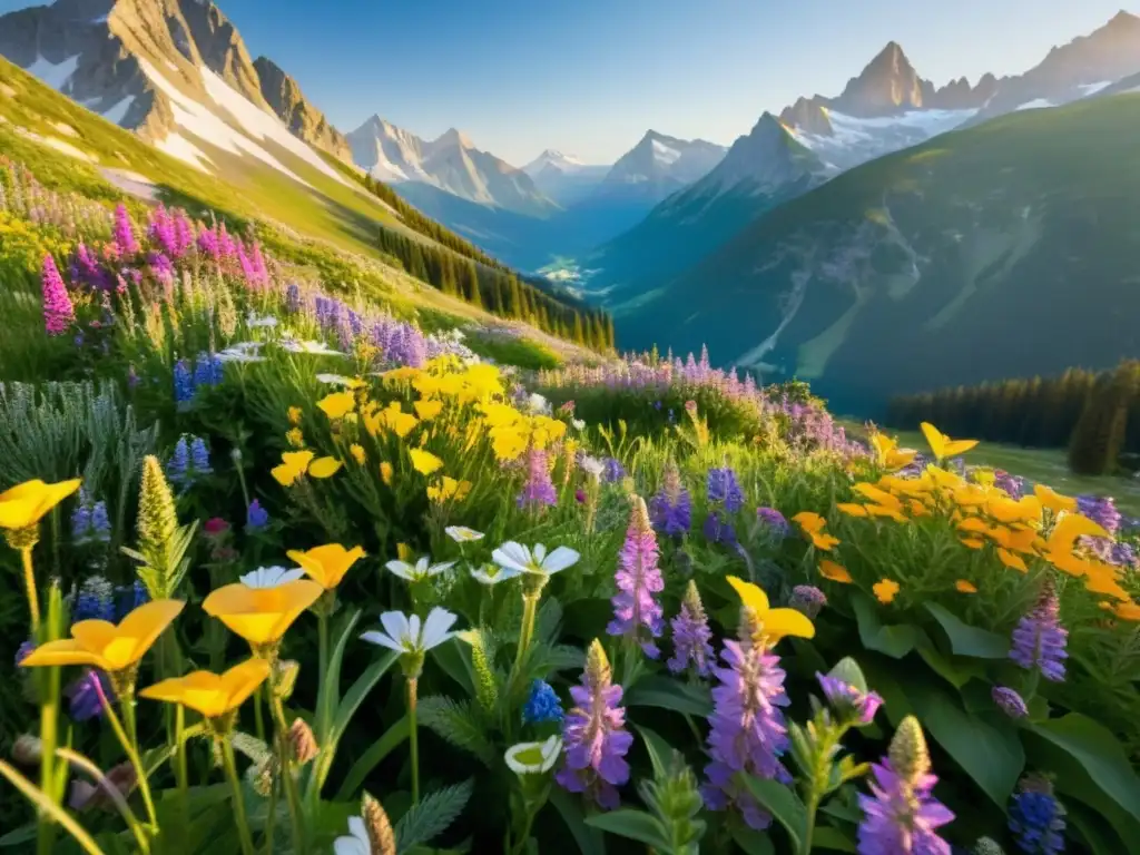 Espléndida flora de ecosistemas montañosos en prado alpino, con vibrantes colores y detalles cautivadores bajo la cálida luz del sol