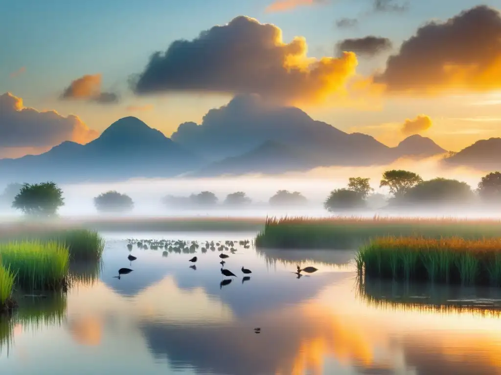 Espléndido amanecer en humedal con aves como garzas y patos alimentándose en el agua