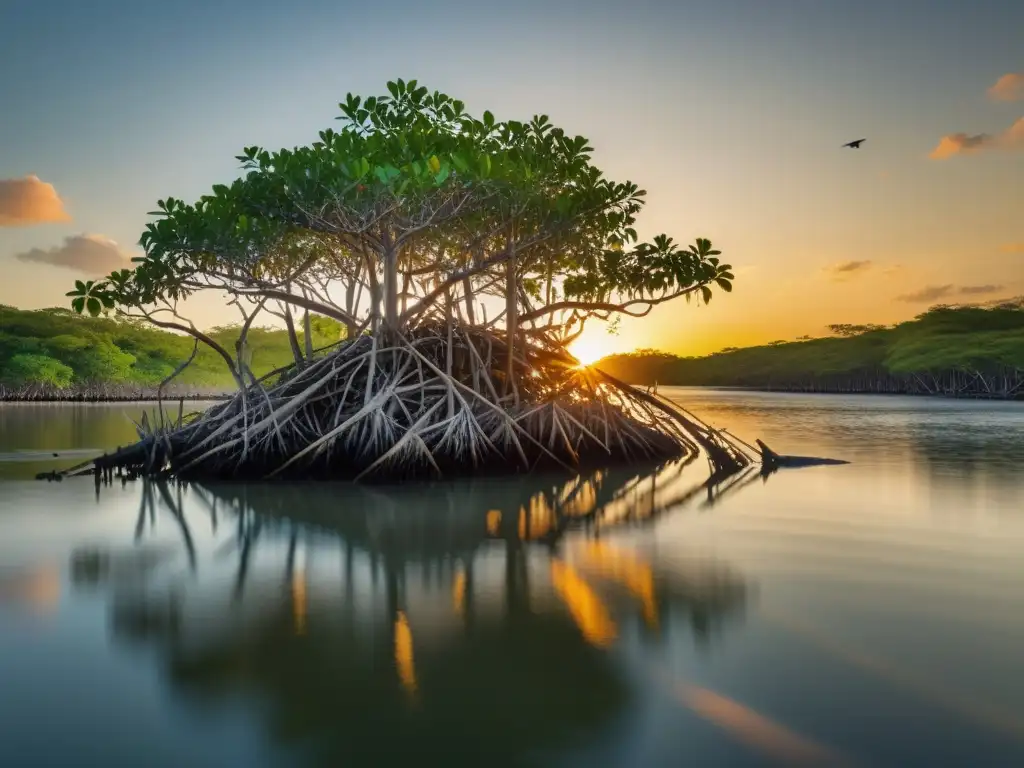 Espléndido atardecer en el manglar, reflejando la importancia de los estuarios y manglares en la biodiversidad