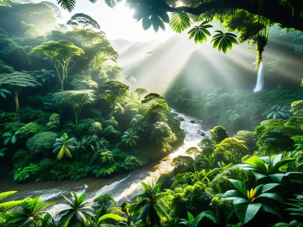 Belleza natural: Bosque lluvioso exuberante Espléndido ecosistema de selva tropical con diversa flora y fauna, incluyendo árboles altos, flores vibrantes y un río serpenteante