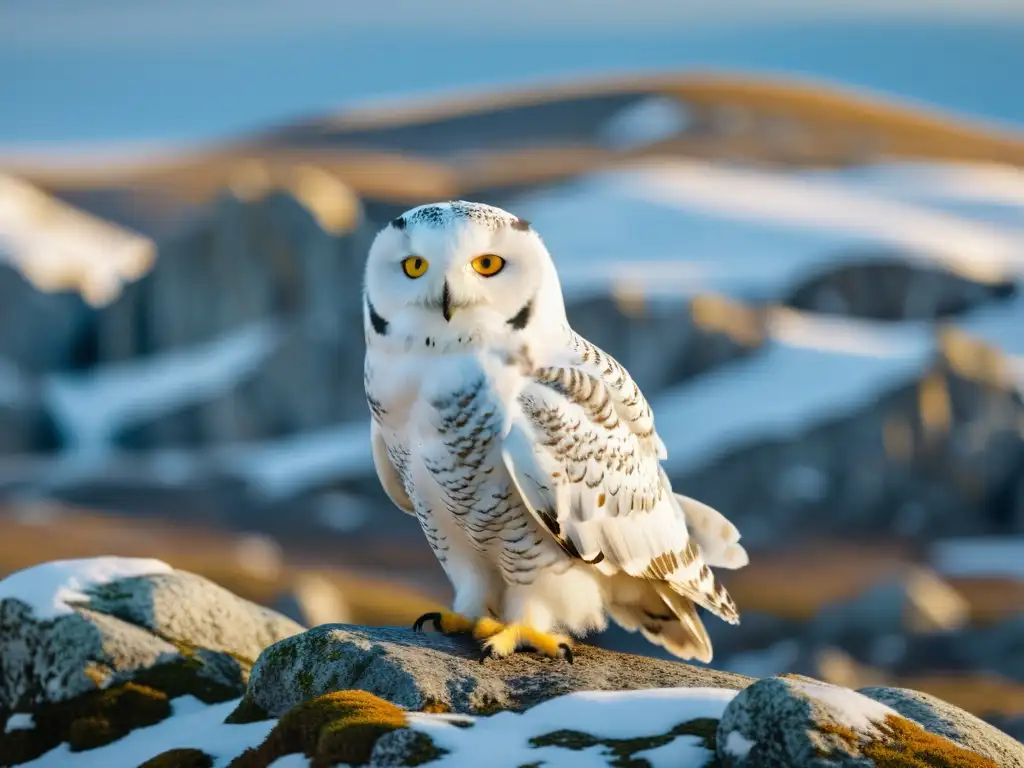 Espléndido búho nival en la tundra ártica, con mirada penetrante y plumaje blanco en contraste con el paisaje nevado