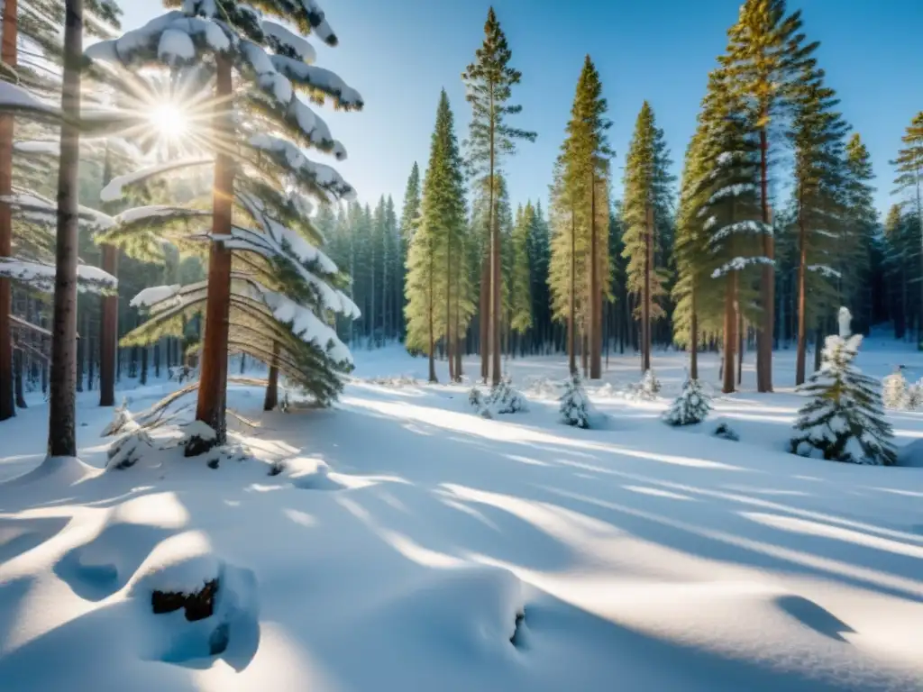 Espléndido paisaje invernal de la densa taiga siberiana, con árboles cubiertos de nieve