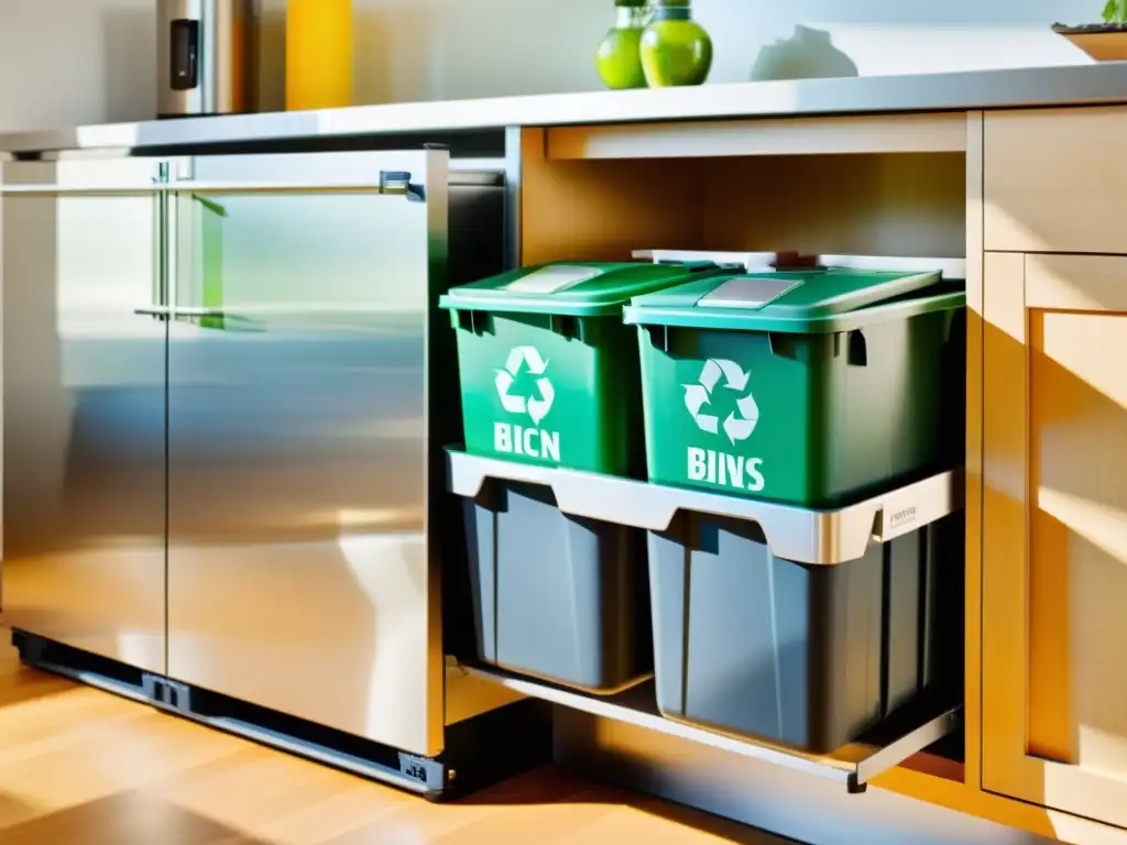 Una estación de reciclaje moderna y bien organizada en una amplia cocina luminosa