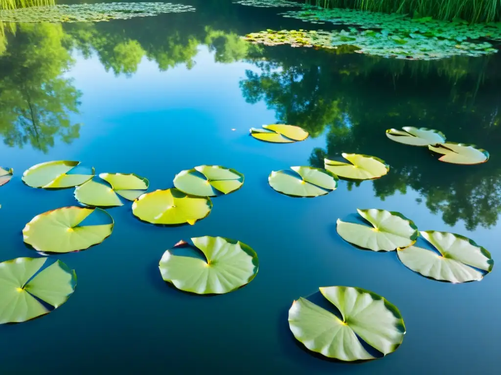 Un estanque sereno rodeado de exuberante vegetación, reflejando el cielo azul