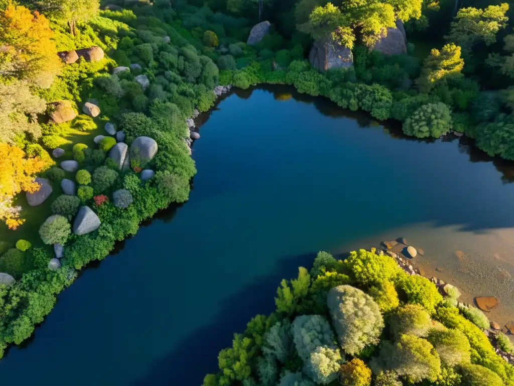 Diseño estético paisajismo ecológico: Fotografía aérea de un paisaje ecológico con rocas y vegetación vibrante en armonía