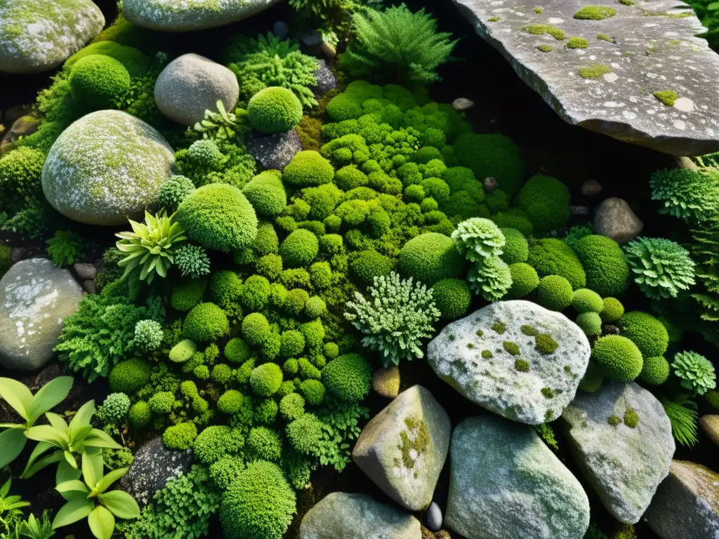 Diseño estético paisajismo ecológico: Imagen de jardín exuberante con rocas naturales y flora integrada, bañado por luz solar filtrada entre las hojas