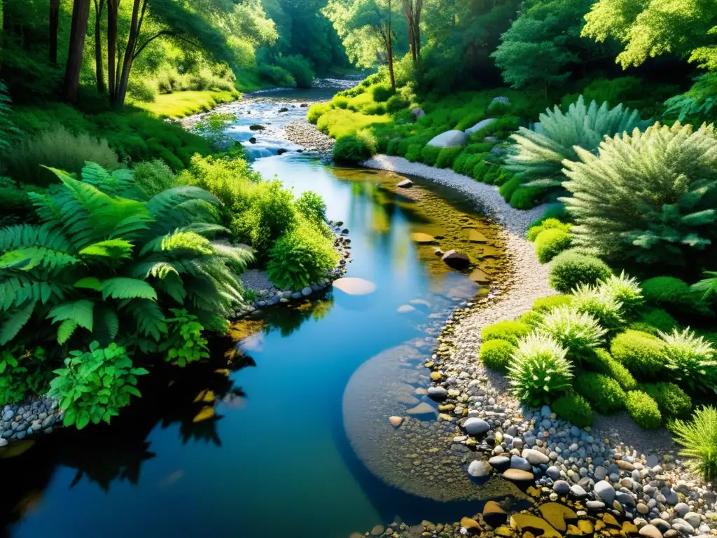 Diseño estético paisajismo ecológico: Un paisaje exuberante con un arroyo serpenteante, plantas nativas y rocas, bañado por la luz del sol y una armonía natural