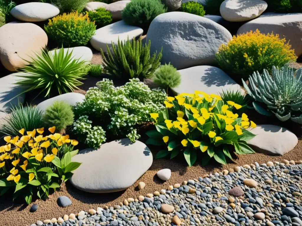 Diseño estético paisajismo ecológico: Fotografía de alta resolución de un jardín de rocas armonioso con plantas nativas y juego de luces y sombras