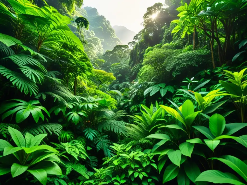 Estrategias de camuflaje en la selva: detallada imagen de una exuberante jungla con variada vegetación y vida silvestre, iluminada por el sol