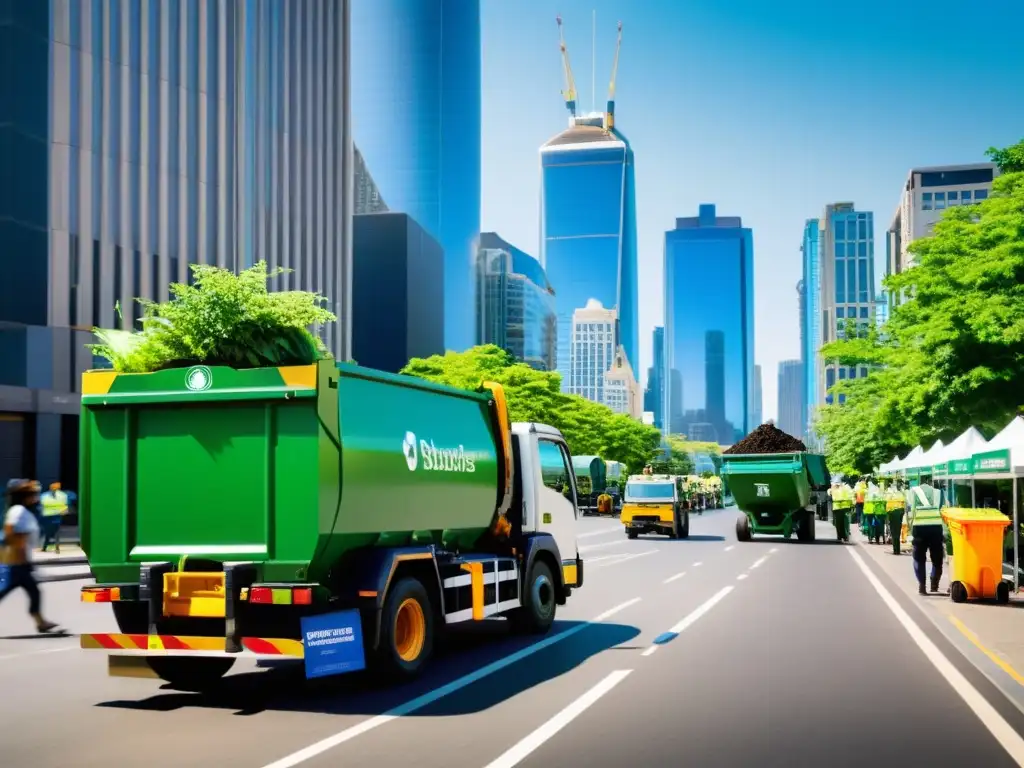 Prácticas sostenibles de gestión de residuos en la ciudad Estrategias gestión residuos urbanos sostenible integradas en la bulliciosa ciudad, con reciclaje, compostaje y recolección eficiente