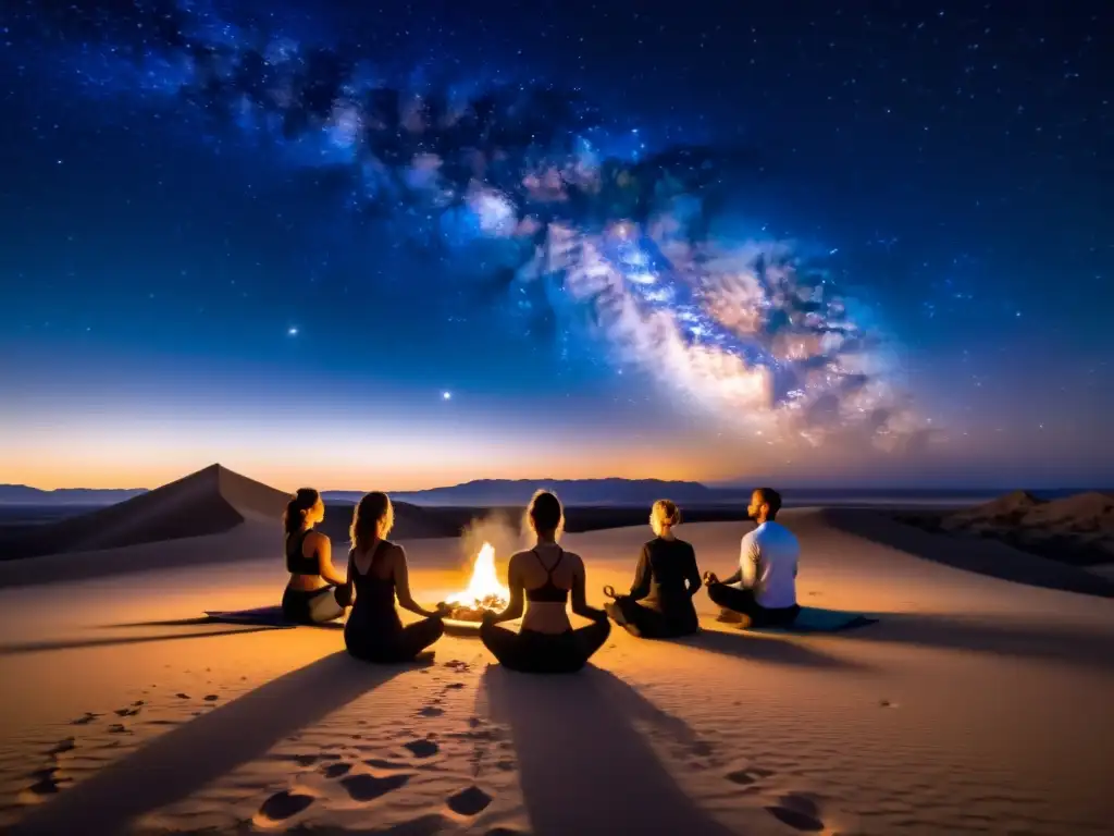 Práctica de yoga bajo las estrellas en el desierto, un momento mágico y sereno