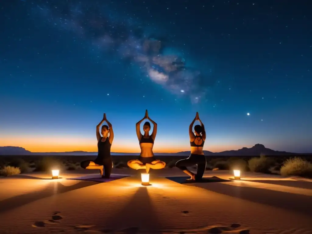 Práctica de yoga bajo las estrellas en el desierto evocando paz, armonía y conexión universal