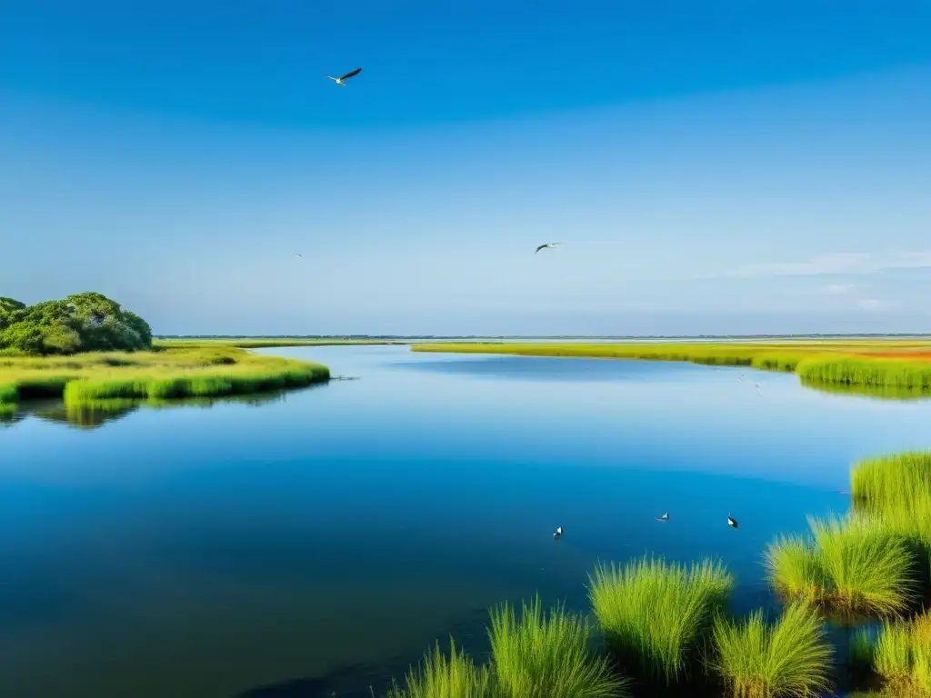 Un estuario sereno refleja el cielo azul, con aves y vida marina