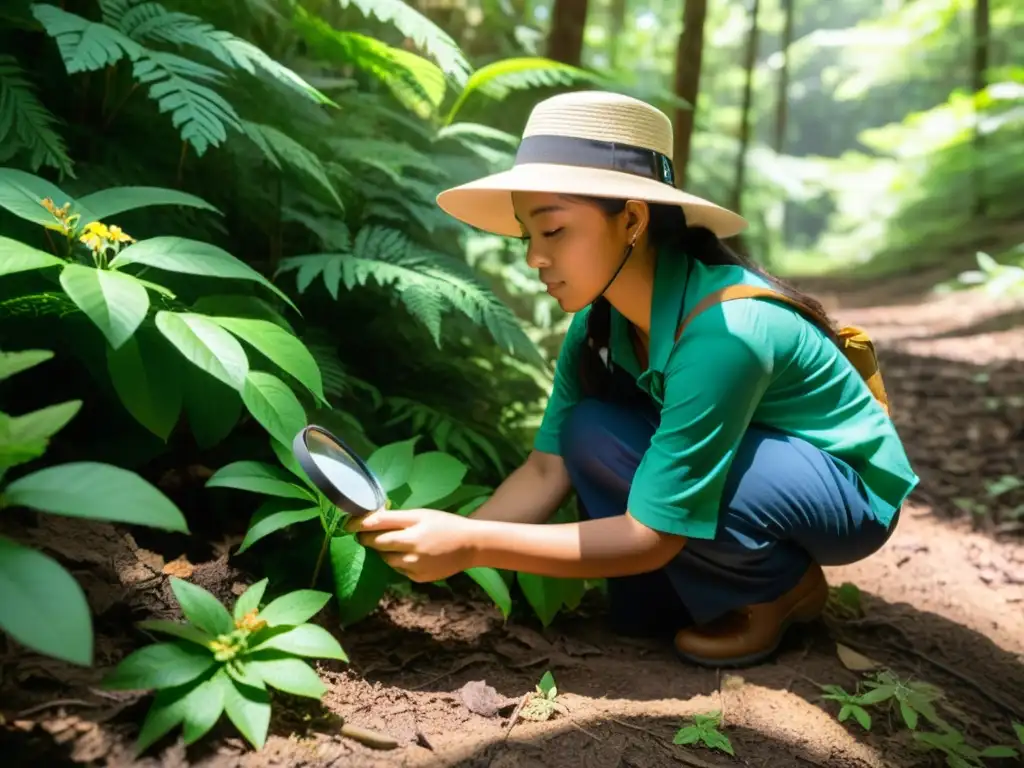 Un estudiante adulto observa plantas en un bosque biodiverso, transmitiendo la esencia de la educación ambiental para adultos