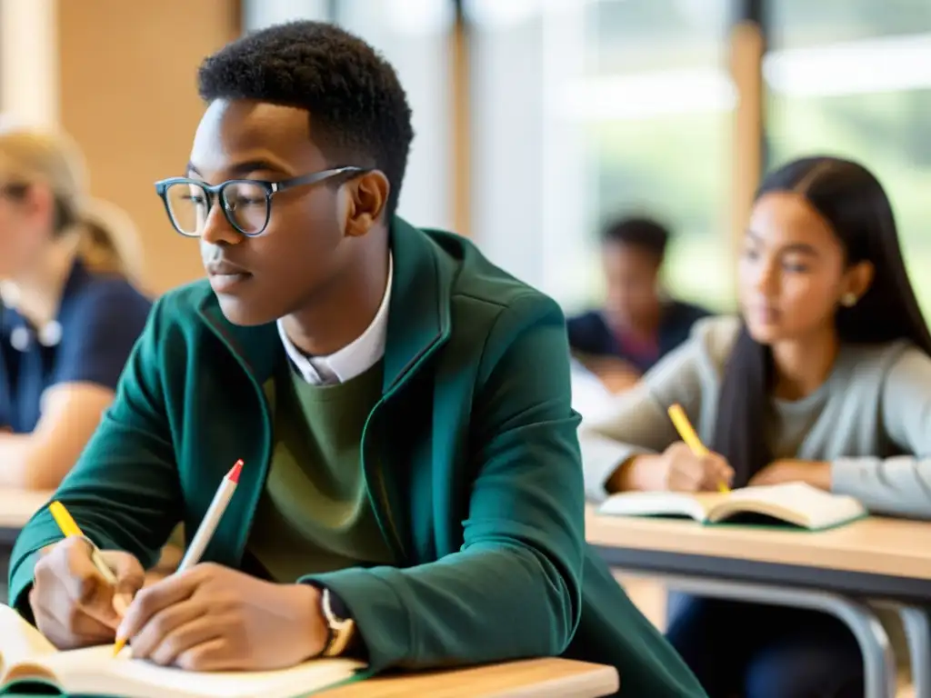 Estudiante concentrado en clase de desarrollo sostenible, participando en discusión y tomando notas