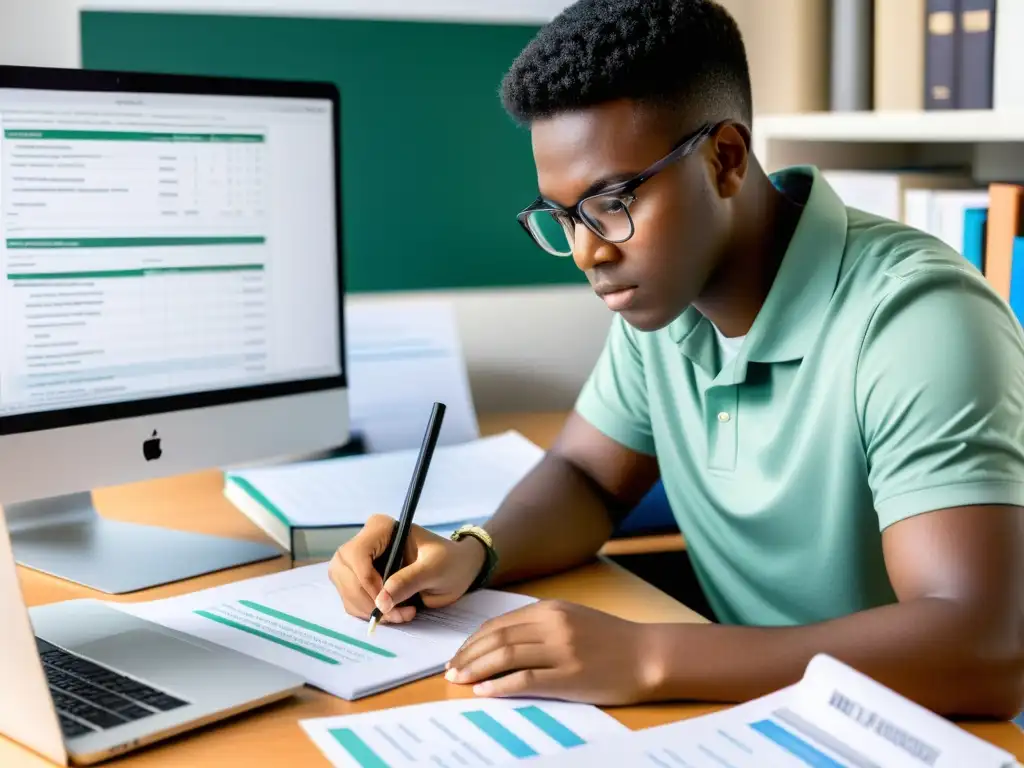 Estudiante concentrado preparando estrategias para ganar becas de estudios de ecosistemas