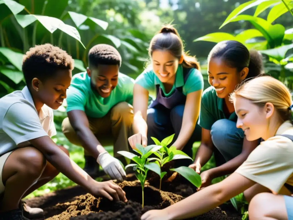 Estudiantes participan en educación ambiental para conservación efectiva entre la exuberante vegetación, plantando árboles y creando compost