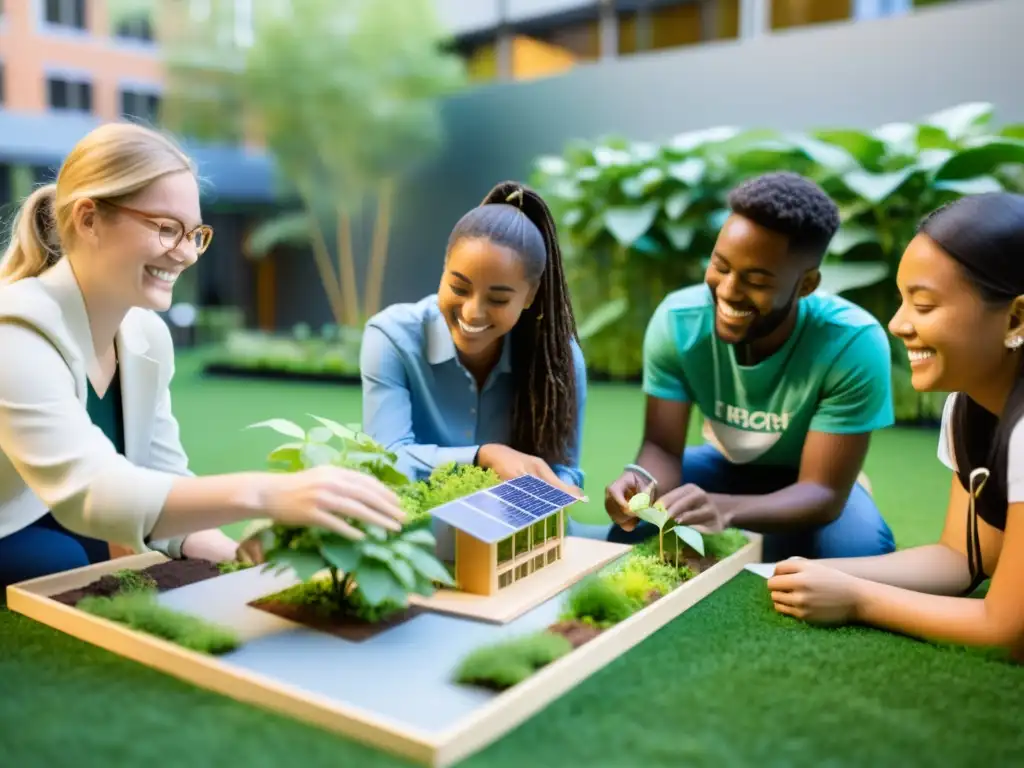 Estudiantes apasionados colaboran en proyectos sostenibles en un patio universitario soleado, rodeados de vegetación