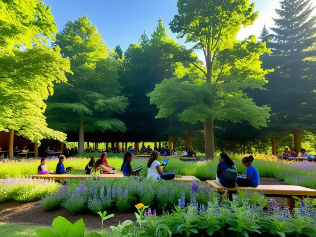 Estudiantes disfrutan aplicaciones educativas para la naturaleza en un aula al aire libre rodeada de naturaleza exuberante y colorida