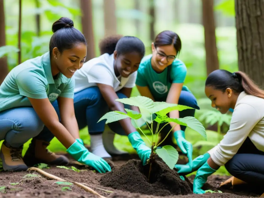 Estudiantes plantando árboles en un bosque, en una actividad de conservación ecosistemas locales