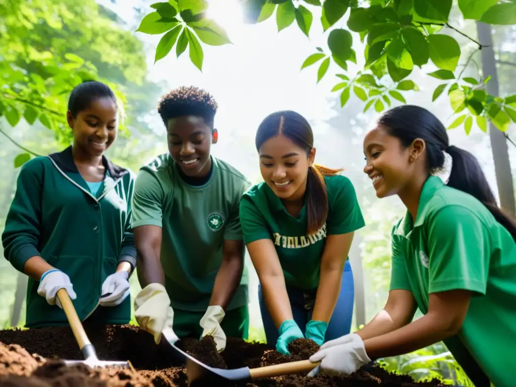 Estudiantes plantando árboles en un bosque, reflejando esperanza y dedicación a Proyectos estudiantiles para conservación ambiental