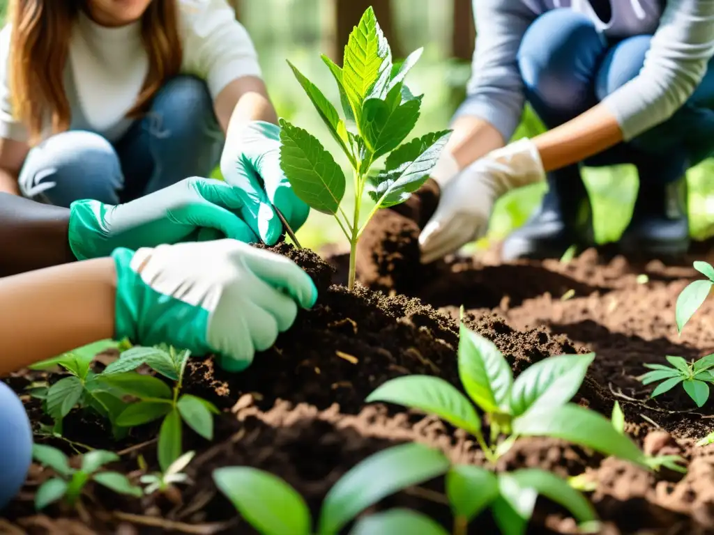 Estudiantes plantando árboles en un bosque exuberante