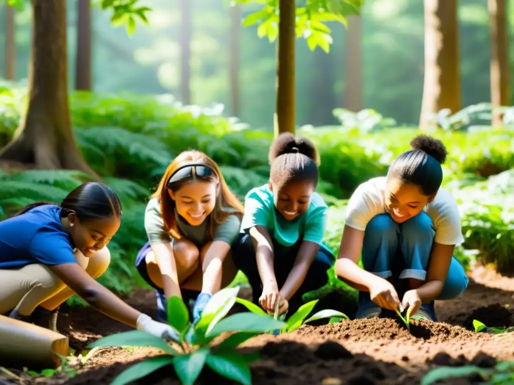 Estudiantes diversos plantando árboles en un bosque exuberante, promoviendo equidad en carreras ambientales