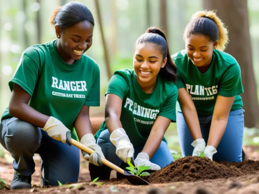 Estudiantes plantan árboles en el bosque, guiados por su maestro y un guardabosques