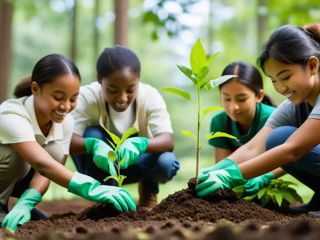 Estudiantes diversos plantan árboles en el bosque, destacando la importancia de la educación ambiental y el cambio climático